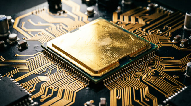Golden CPU microprocessor glowing on a circuit board showcasing advanced computer technology.