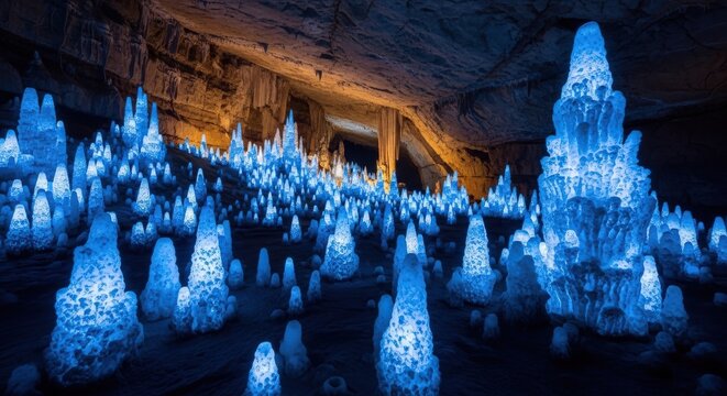 Glowing blue stalagmites inside a dark underground cavern with natural rock formations