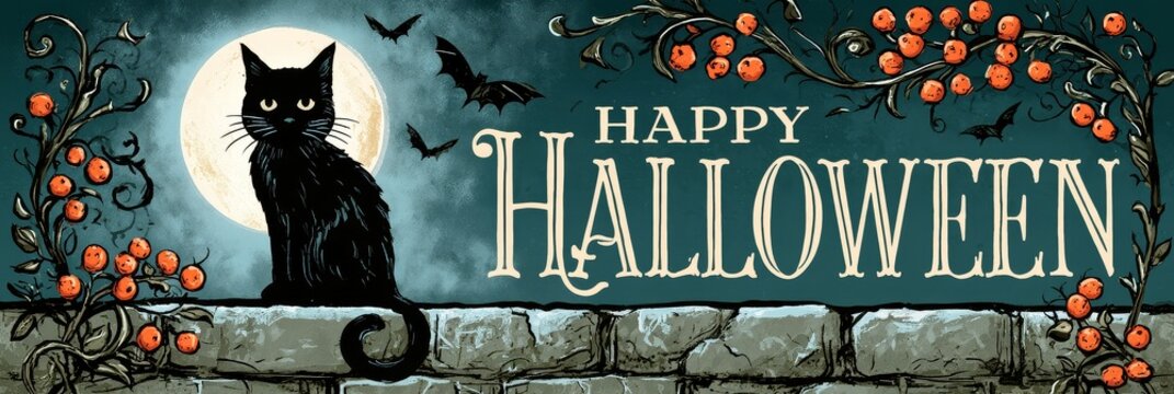 Happy Halloween banner with black cat on stone wall under moon