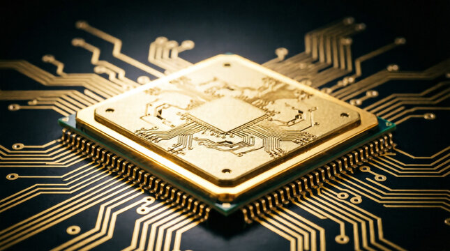 Golden CPU microprocessor glowing on a circuit board showcasing advanced computer technology.
