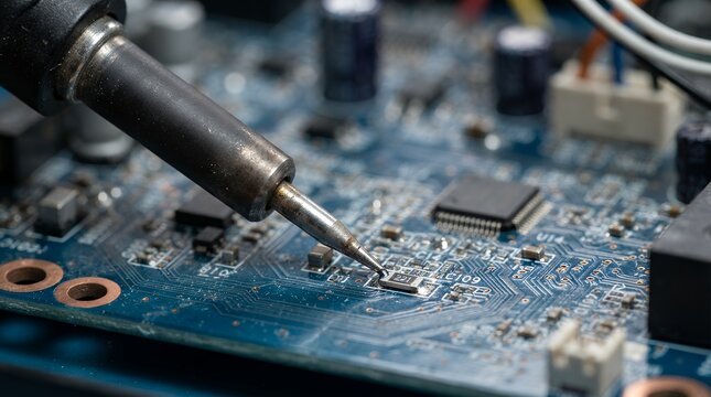 Soldering iron repairing circuit board, electronic engineering maintenance on blue motherboard, microchip assembly and hardware repair service