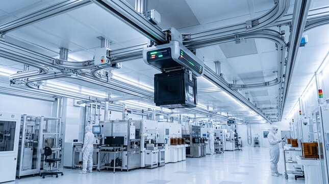 Automated Overhead Hoist Transport System Delivering Silicon Wafer FOUP Pod in Modern Fab