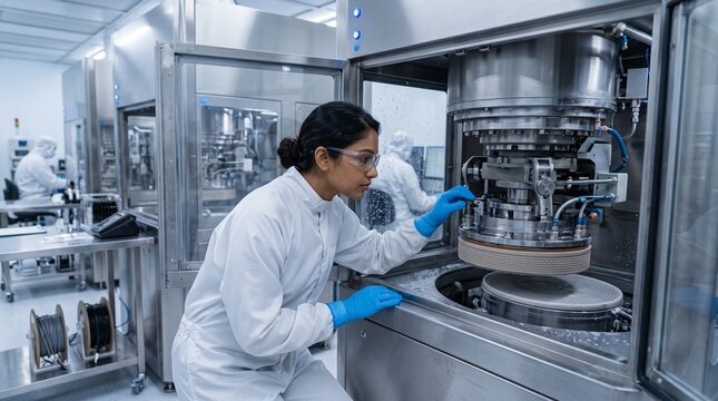 Maintenance Technician Calibrating Chemical Mechanical Planarization CMP Unit in Fab
