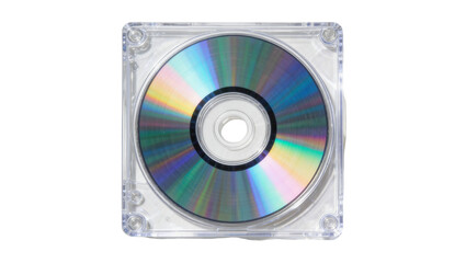 Fototapeta premium Shiny compact disc with rainbow reflections in clear plastic case, isolated on transparent background