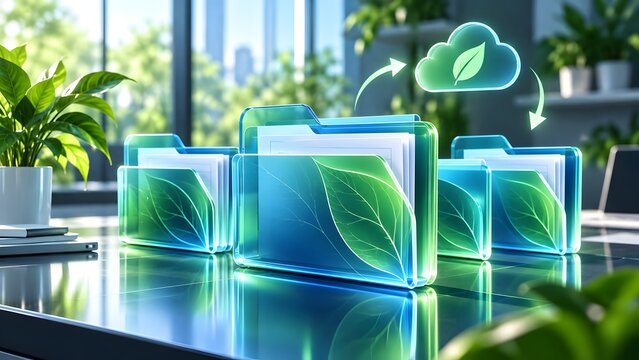 Green glass folders with leaf patterns transferring data to eco cloud over office desk representing sustainable corporate digitalization