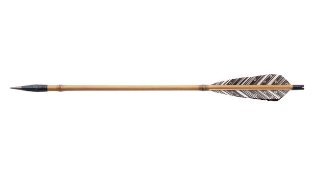 Bamboo shaft arrow with metal tip and patterned fletching, isolated on transparent background
