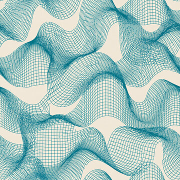 Abstract seamless pattern of flowing blue wireframe waves on a cream background. Geometric digital art with a sense of depth and movement. Ideal for graphic design and modern textures