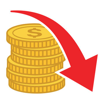 Financial loss with gold coins and red arrow showing economy downward trend