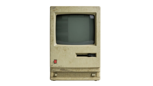 Vintage beige computer with floppy disk drive, isolated on transparent background
