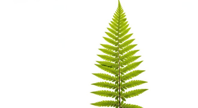 A detailed view of a delicate fern frond isolated against a clean, brilliant white studio background. Minimalist organic design ,leaf ,biology ,pattern