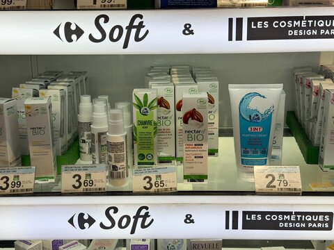 Mallorca, spain, septiembre 18, 2026 carrefour soft and nectar of bio cosmetic products on display, offering a range of natural and organic skincare
