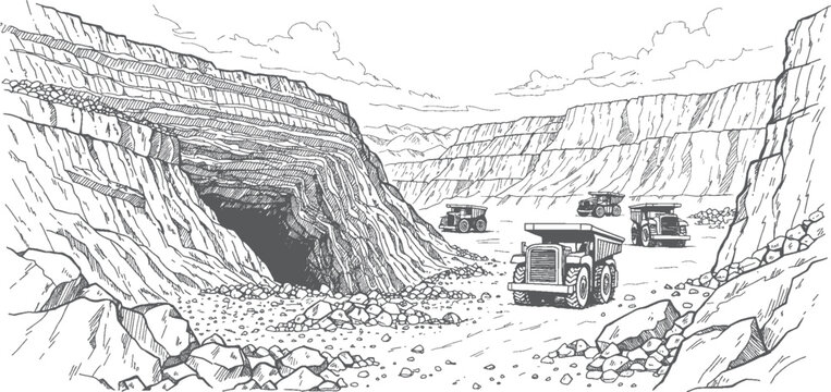 Rare Earth Mineral Open Pit Mine with Layered Excavation and Heavy Mining Trucks, Mineral Extraction Site Vector Line Art