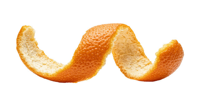Orange peel spiral, textured citrus zest isolated on transparent background
