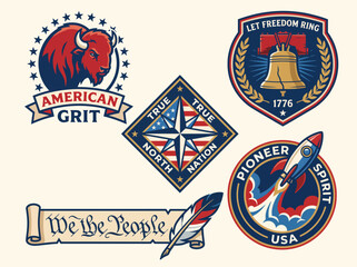 Fototapeta premium A collection of badges and symbols that resonate with American patriotism, freedom, and unity, featuring iconic designs and elements celebrating national pride.