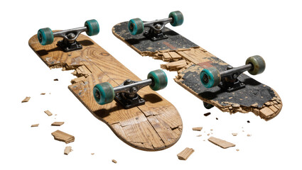 Two broken skateboards with splintered wood and teal wheels, isolated on transparent background © Marta