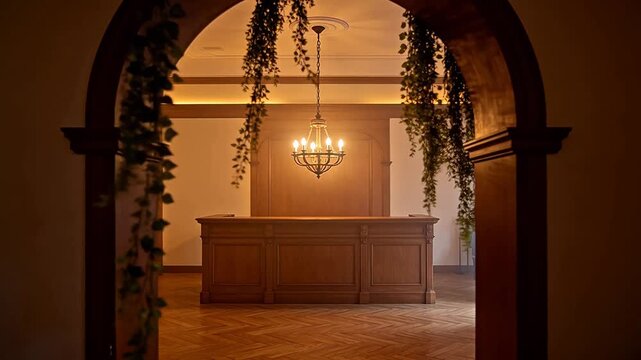 Interior view through arched doorway with plants and wooden counter