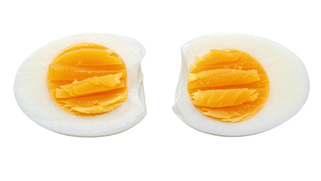 Two halves of a hard-boiled egg showing white albumen and yellow yolk, isolated on transparent background