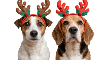 Two dogs wearing festive reindeer antlers, isolated on transparent background © Marta