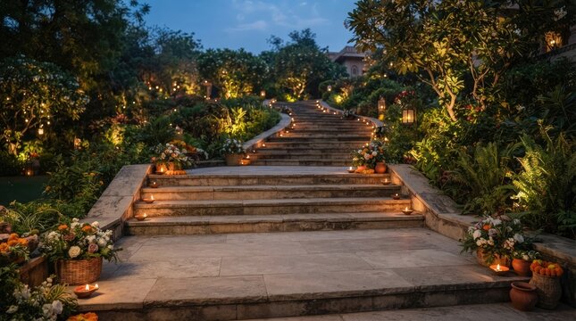 Staircase decorated with glowing clay lamps and flower arrangements for festive hindu cultural celebration outdoors.