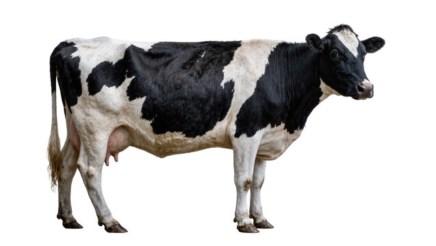 Black and white Holstein Friesian cow standing, isolated on transparent background