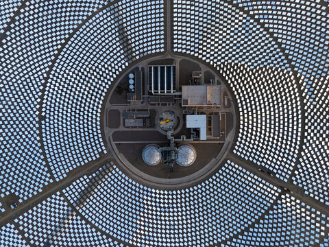 Aerial view of tower solar thermal power plant