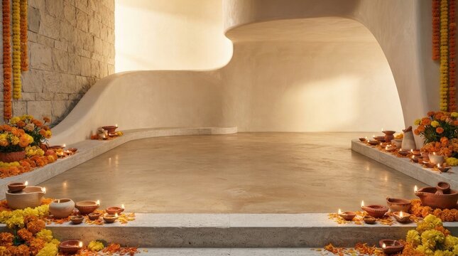 Empty interior platform stage decorated with marigold flower garlands and diya lamps for diwali festival background.