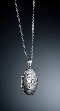 An elegant antique silver locket pendant dangling from a delicate metal chain, highlighting the intricate craftsmanship and timeless style ,precious ,empty ,locket