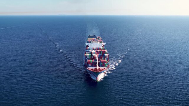 Panoramic aerial view of a large container cargo ship sailing over the open ocean