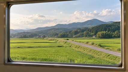 Obraz premium green fields roll past a train window in kyoto