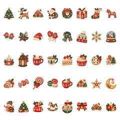 Fototapeta premium Nordic Christmas Icon Set in Red and Green – 北欧風クリスマスのかわいい冬素材セット