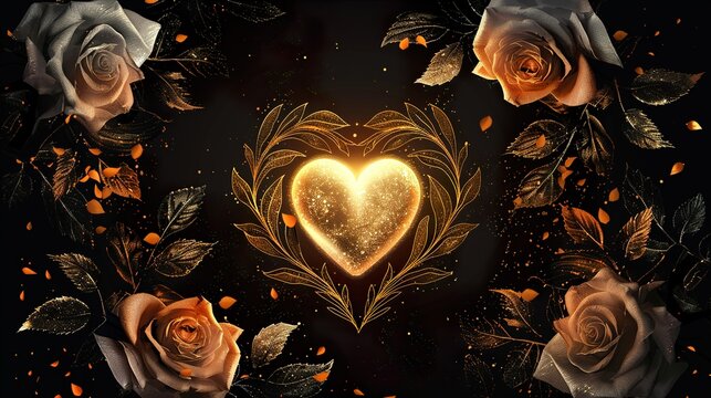  Glowing Heart Surrounded by Red Roses and Golden Leaves on Black Background