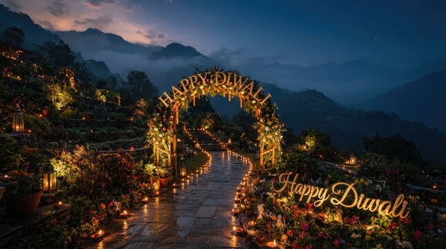 Floral archway gate decorated with vibrant flowers and diyas for joyful diwali celebration in mountain hill landscape.