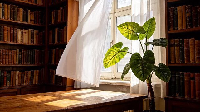 Sunlit home library with wooden bookshelves and green plants near a white curtain window