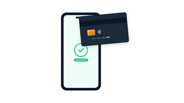Premium 4K motion graphics animation of a credit card tapping a smartphone via contactless NFC technology, showing dynamic electromagnetic waves and instant verified transaction approval.