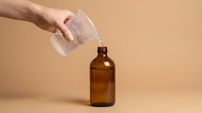 Hand pouring liquid from measuring cup into glass bottle