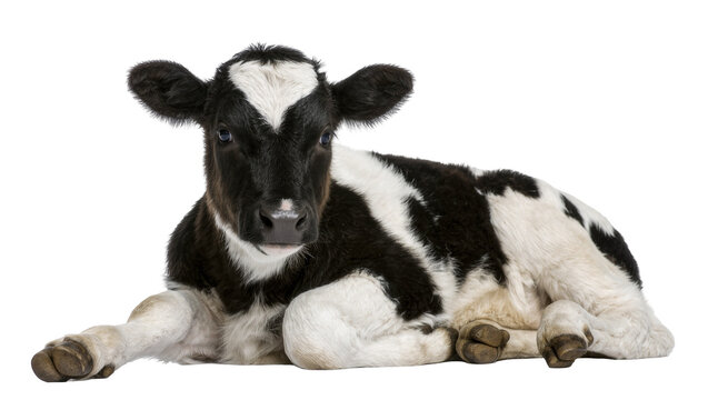 Black and white Holstein Friesian calf lying down, isolated on transparent background