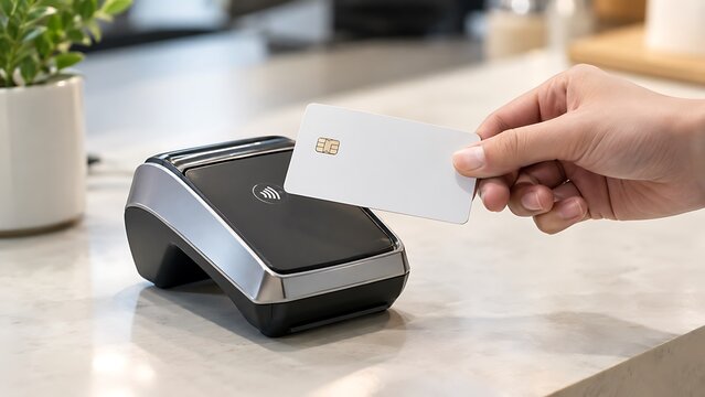 A person's hand holding a blank white credit card near a contactless payment terminal on a countertop.