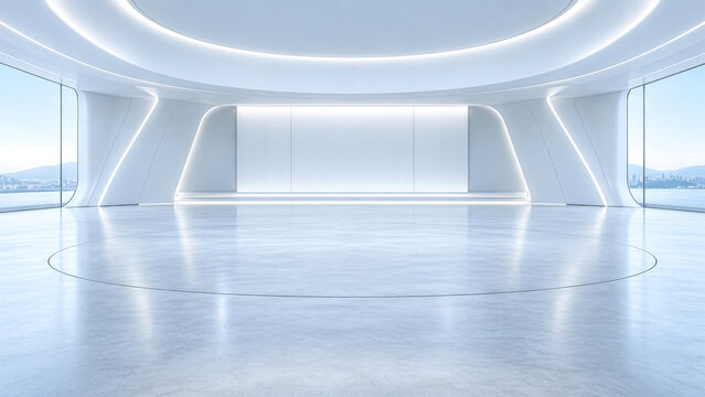 Futuristic white automotive showroom interior with curved ceiling, glossy reflective floor, illuminated walls, and centered empty display alcove, creating a clean luxury stage for vehicle presentation