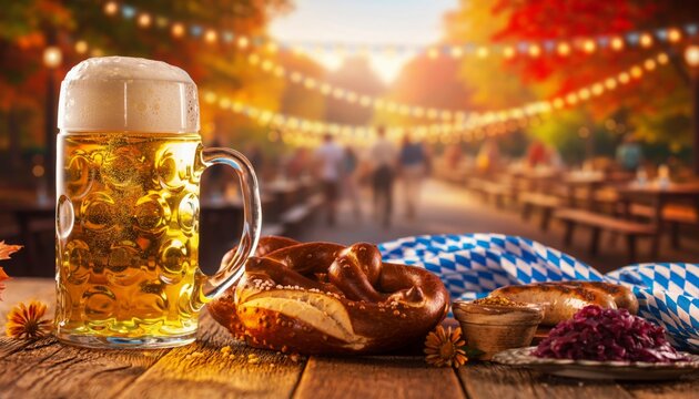 Traditional German beer stein with pretzel at an autumn festival