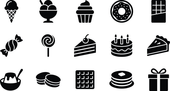 Set of black silhouette dessert and sweet food icons for bakery design projects