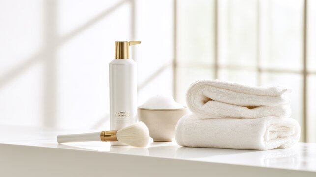 Minimalist bathroom setup with white towels, a foam-filled bowl, a shampoo bottle, and a makeup brush on a clean surface with soft natural light.