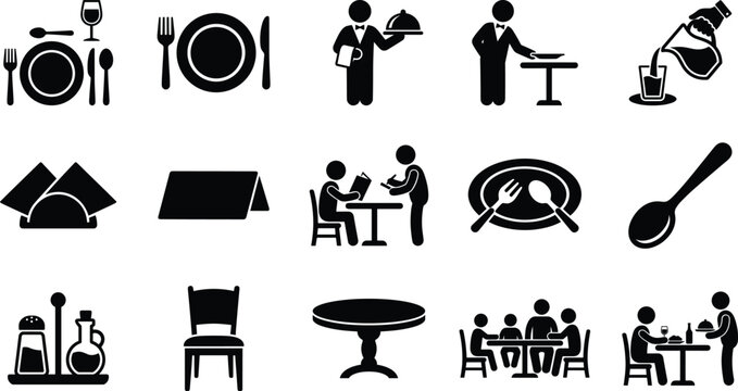 Set of restaurant and dining related vector icons including waiter and table service symbols