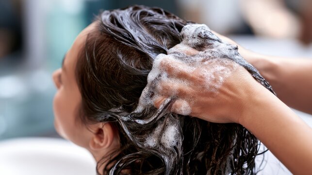 A person is getting their hair washed with shampoo, creating rich foam as hands massage the scalp in a hair salon setting.