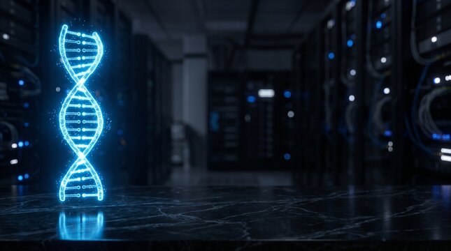 Glowing blue digital DNA hologram on a dark marble desk with blurred server room and right copy space