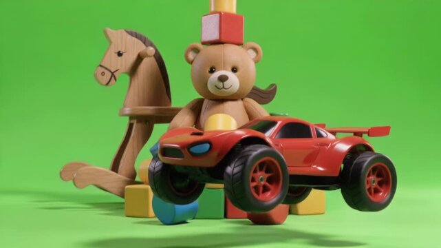 Animated 3D classic toys - brown teddy, wooden horse, colorful blocks, red race car, popping up on bright green screen, ideal for kids' content.