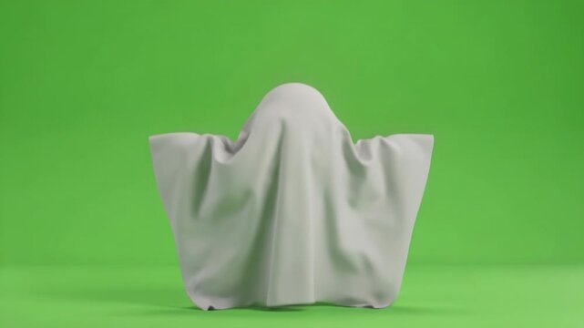 Playful 3D Classic White Sheet Ghost, whimsically bouncing and swaying with flowing fabric drapes, isolated on a vivid chroma key green screen