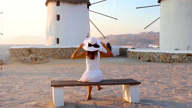 Rear view of a woman in a white summer dress looking at the famous windmills of Mykonos island, Cyclades, Greece, during sunset time