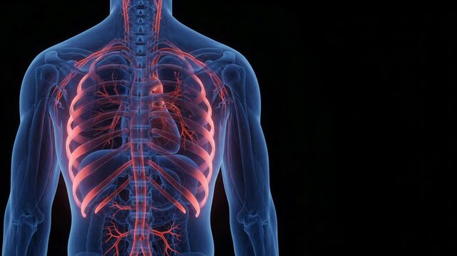 Medical 3D animation of a human male torso showing glowing pain or inflammation in the thoracic spine area.