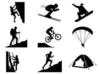 Obraz premium Silhouette collage of extreme sports and outdoor adventure activities.