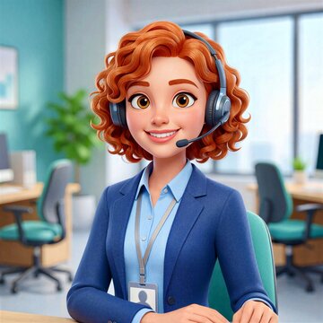 Smiling redhead customer service woman with headset in modern office